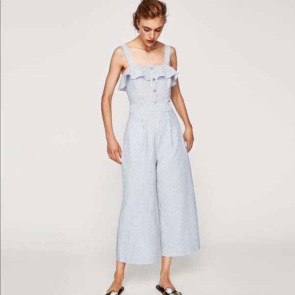 NWT Zara Wide Leg Striped Jumpsuit w Ruffle Neck - Picture 8 of 10